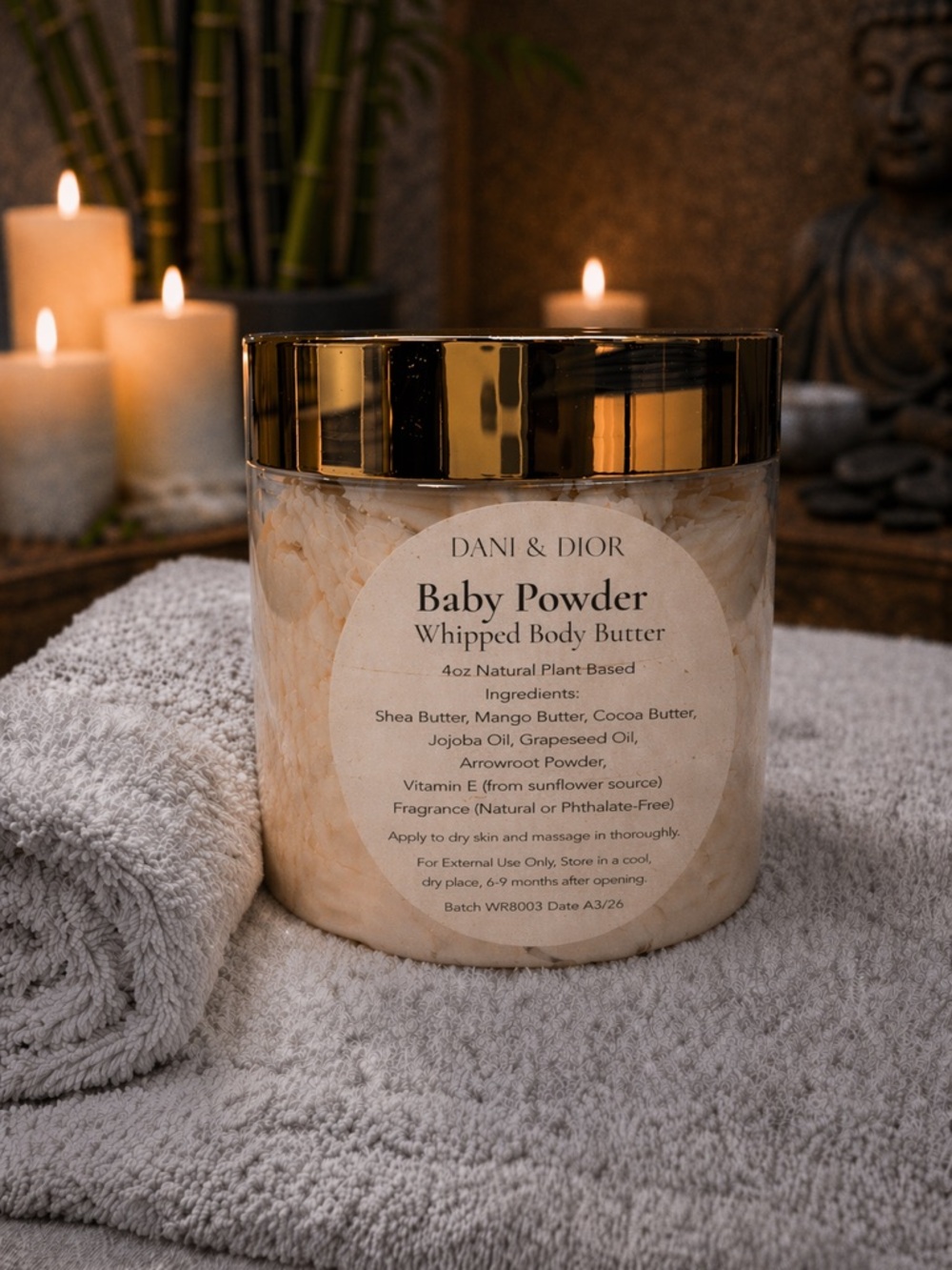 4oz Baby Powder Whipped Body Butter jar, top, gold, black, or white